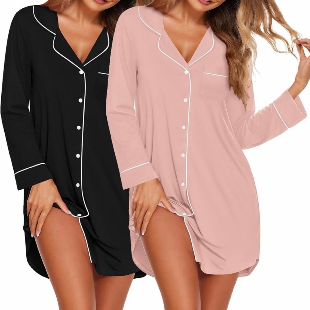 Ekouaer Womens Black Pink Button Down Long Sleeve Nightgowns Large 2 Pack